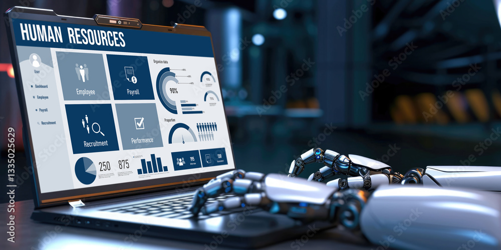 Poster human resources management software on computer screen helping human resources employee to manage re