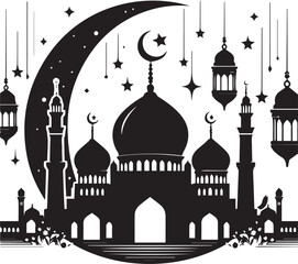 Black silhouette of a Islamic mosque and crescent with lanterns. Eid Mubarak logo. vector illustration 