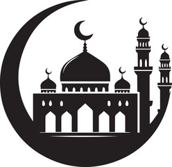 Black silhouette of a Islamic mosque and crescent with lanterns. Eid Mubarak logo. vector illustration 