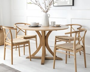 Elegance in Oak: A beautifully designed dining space with a round, wooden table, surrounded by stylish chairs, creating an inviting and sophisticated atmosphere. 