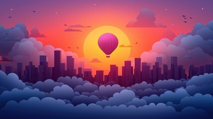Fototapeta premium Hot Air Balloon in Colorful Sunset Over City Skyline with Vibrant Clouds and Birds