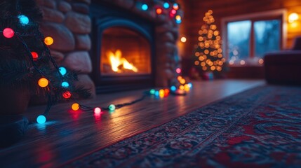 Obraz premium Cozy Christmas living room with fireplace and lights