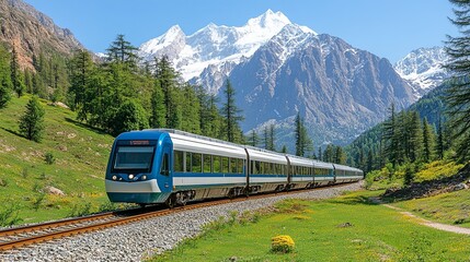 Fototapeta premium A train travels through a lush valley with snow capped mountains in the background