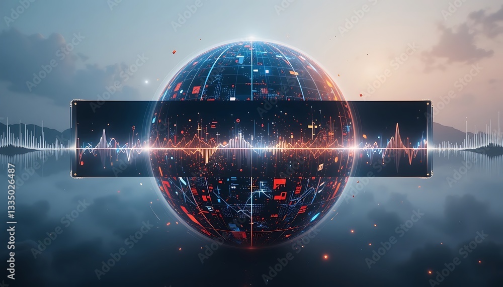 Poster global network technology sphere with data stream visualization concept