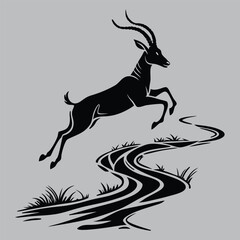 a kudu leaping across a river silhouette vector design art and illustration