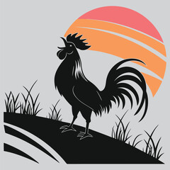 a rooster crowing at sunrise silhouette vector design art and illustration