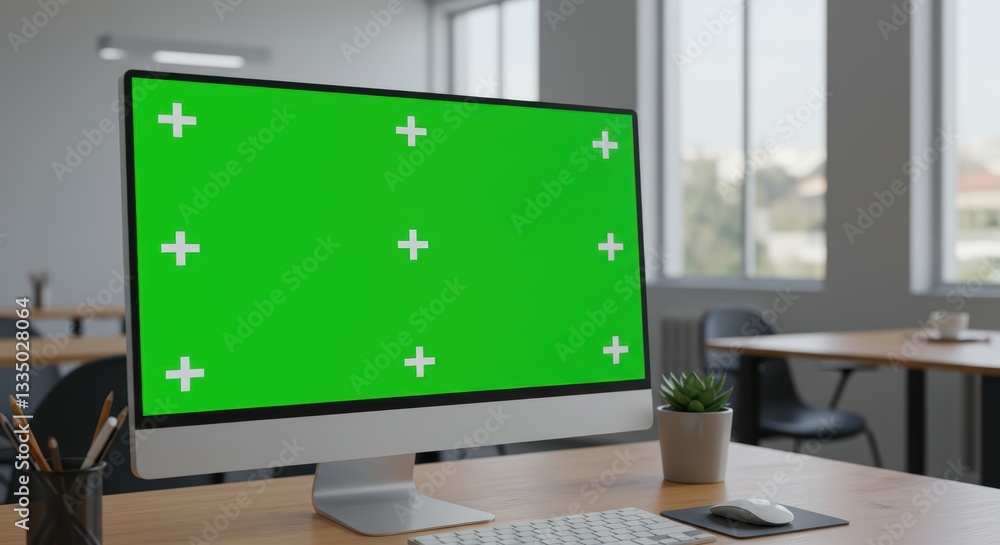 Poster modern office workspace with computer and green screen in bright environment
