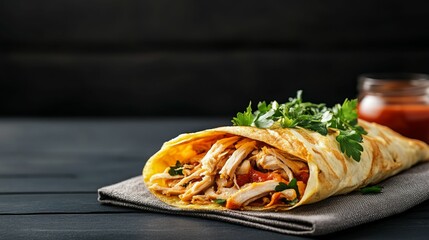 Fototapeta premium High-protein egg breakfast Delicious chicken wrap garnished with fresh herbs on a dark background.
