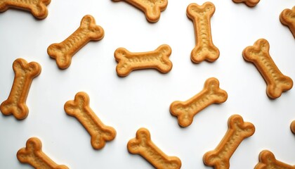 Brown dog treats in bone shape. Crispy delicious animal snack on white background. Puppy meal, dry food, pet care. Dog biscuits, cookie, snack, bone for canine dental health.