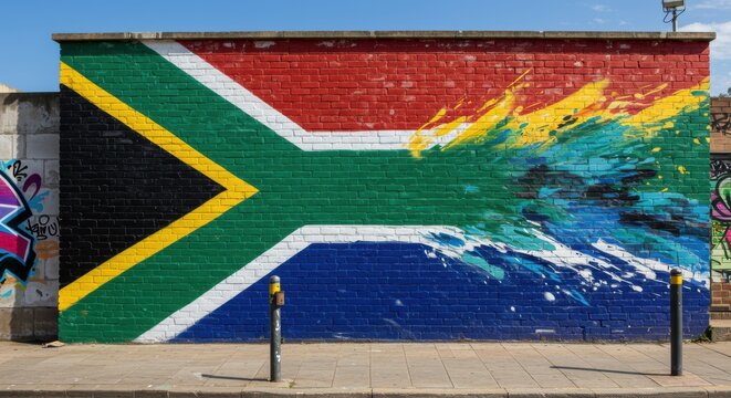 South african flag mural on brick wall with colorful paint splash effect