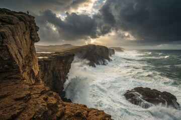 A dramatic coastal scene featuring crashing waves against rocky cliffs under a stormy sky, capturing the power of nature.