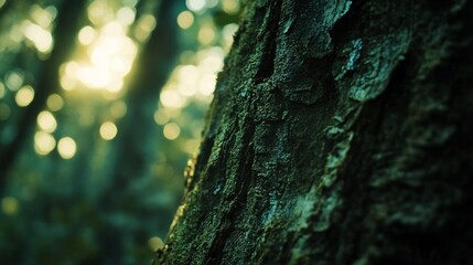 Obraz premium Bark texture on tree catches light, forest bokeh, sun rays, nature scene