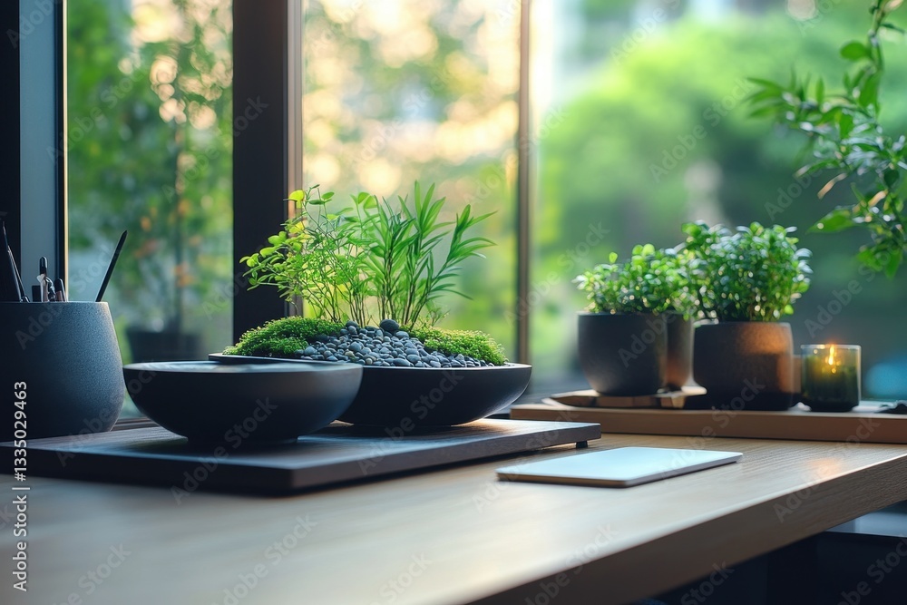 Poster bonsai tree arrangement with decorative stones and ceramics in a serene indoor setting surrounded by