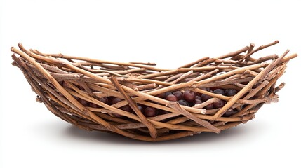 Obraz premium A berry-picking wicker basket crafted from willow twigs, isolated against a white background. 