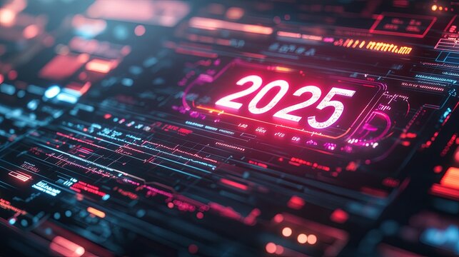 Digital display showcasing futuristic technology concepts and the year 2025 on a vibrant interface with advanced graphical elements