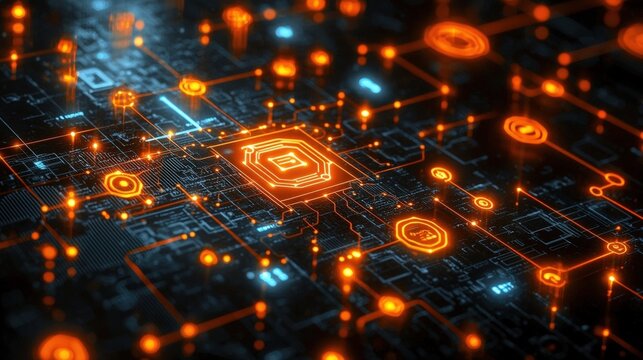 Futuristic Digital Circuit Board with Bright Orange Elements and Glowing Connections in Background