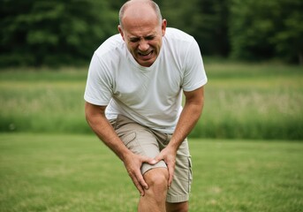 Fototapeta premium Middle-aged man experiencing knee pain outdoors in nature setting