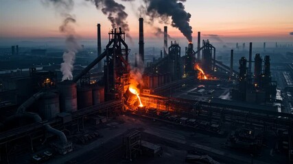 Large steel manufacturing plant at sunset with active furnaces and smoke - Powered by Adobe