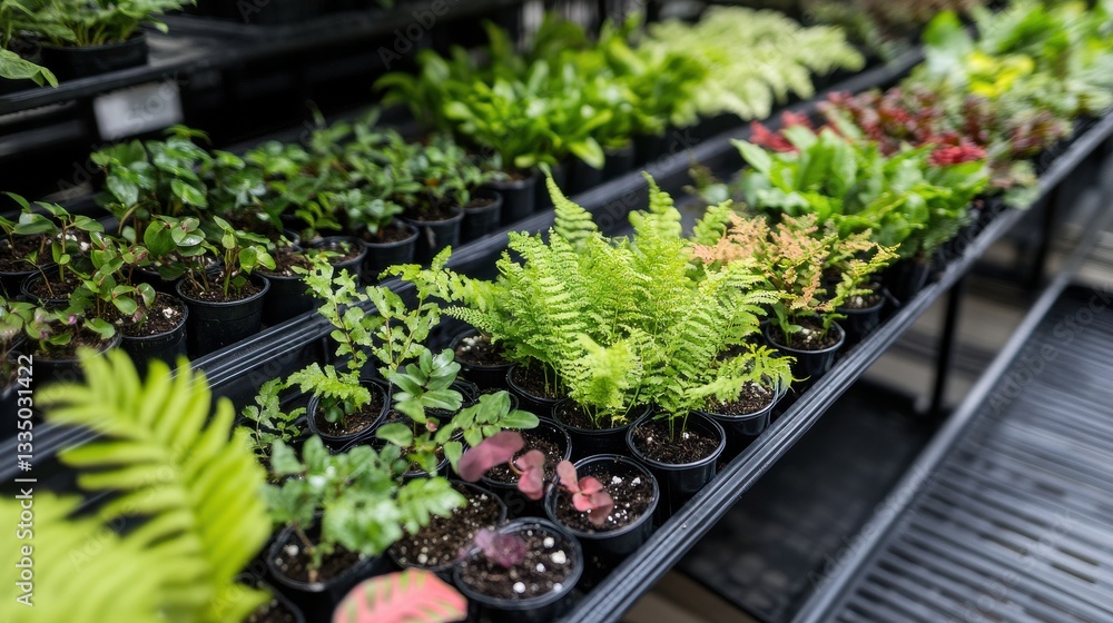 Poster lush collection of small ferns on a black iron rack with soft natural light filtering through in a r