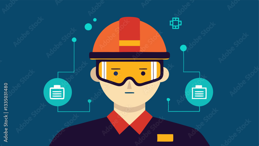 Poster smart glasses in production an illustration of a worker wearing smart glasses with a headsup display
