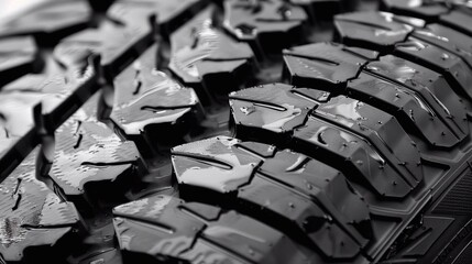 Fototapeta premium Close-up intricate tread pattern of a tire, with water droplets accentuating its rugged texture