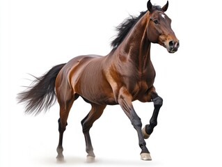 Obraz premium A powerful horse runs energetically with its mane flowing, perfectly captured against a clean white backdrop highlighting its elegance and vitality