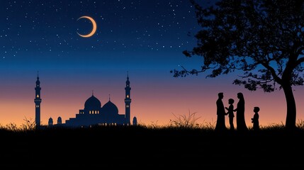 Family Praying Together Under the Glowing Crescent Moon Near a Majestic Mosque at Dusk in a Tranquil Scene with Stars in the Sky