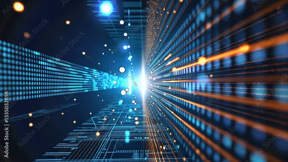 Poster digital data flow through a complex network. intricate pathways of information, lights, and particle
