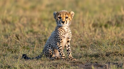 Naklejka premium Adorable Cheetah Cub Sitting in Tall Grass at Sunset in Nature