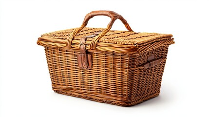Obraz premium A wicker picnic basket with lids, isolated on a white background.