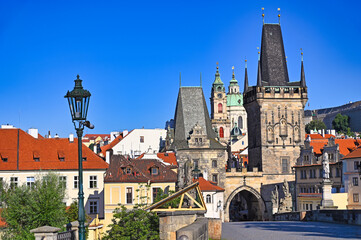 Fototapeta premium Old town Prague entance, buildings and towers , Czech republic