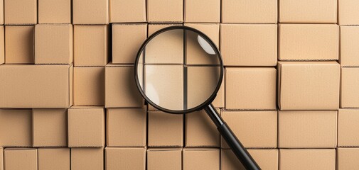 Supply chain inspection concept, magnifying glass examining stacked cardboard boxes, ensuring high standards in logistics and shipping