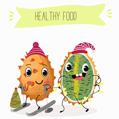 Bael fruit cute funny cheerful characters with different poses and emotions, wood apple whole and sliced. Vector hand drawn illistration.