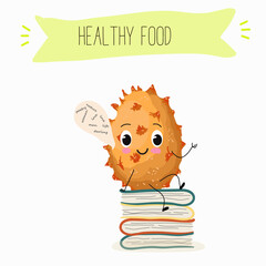 Bael fruit cute funny cheerful characters with different poses and emotions, wood apple whole and sliced. Vector hand drawn illistration.