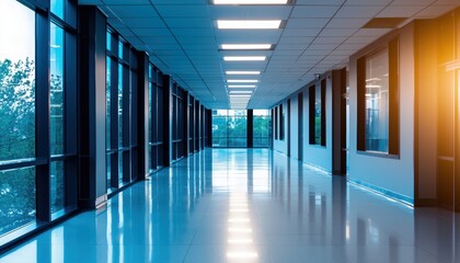Spacious medical center corridor featuring floor-to-ceiling windows, reflective surfaces, and bright LED lighting, creating a clean and sterile environment