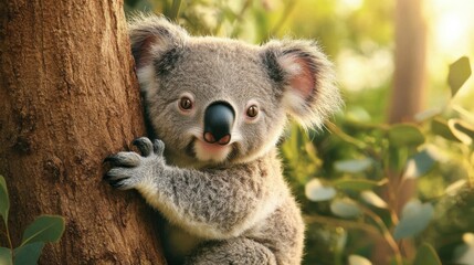 Fototapeta premium Adorable Koala Climbing Tree in Lush Green Environment