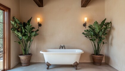 Vintage-inspired bathroom featuring a clawfoot tub, distressed wooden vanity, and rustic wall sconces, combining old-world charm with modern elegance
