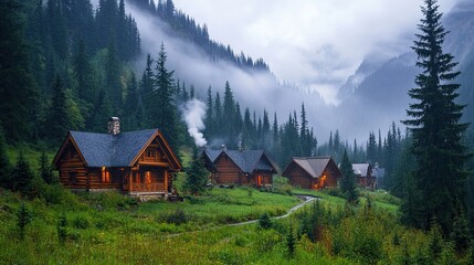 A peaceful mountain village with log cabins, smoke rising from chimneys, and pine trees surrounding it.