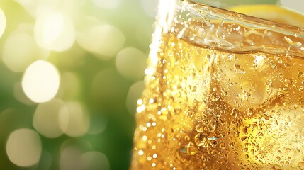 Refreshing iced drink close-up.  Crisp, golden-hued beverage with ice cubes, glistening with water droplets.  Blurred background of vibrant greenery and sunlight
