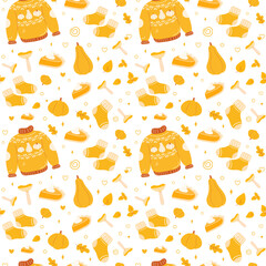 Cozy autumn season seamless pattern. Vector seamless pattern with fall seasonal elements - pumpkin, leaves, mushroom, knitted sweater, socks, pumpkin pie. Perfect for textile, fabric, wrapping paper
