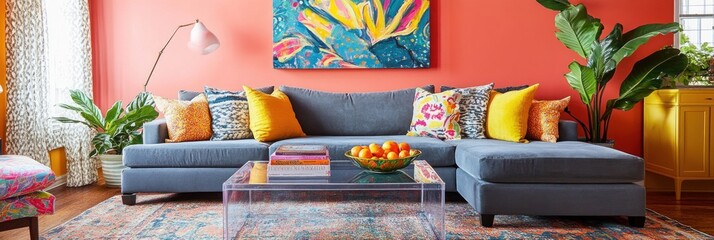 Contemporary Living Room. Trendy Interior with Colorful Walls, Sofa, Vibrant Pillows, and Coffee Table, Stylish Design with Cozy Ambiance. Real Estate and Home Decor Concept with Copy Space.