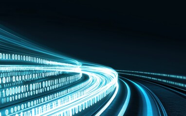 Ultra-fast broadband visualization, glowing particle streams forming a vortex of high-speed digital information exchange