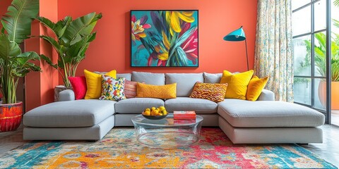 Contemporary Living Room. Trendy Interior with Colorful Walls, Sofa, Vibrant Pillows, and Coffee Table, Stylish Design with Cozy Ambiance. Real Estate and Home Decor Concept with Copy Space.