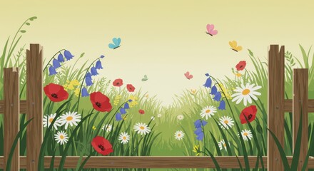 Vibrant summer garden with colorful flowers and butterflies against a wooden fence
