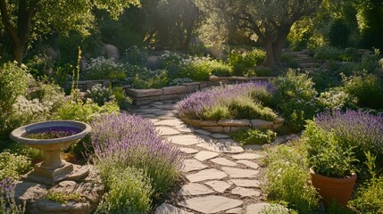 A beautifully landscaped garden pathway featuring lavender and stone accents