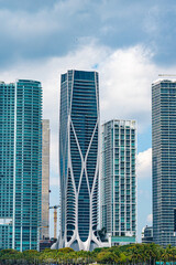 Fototapeta premium Skyscrapers' Skyline: An awe-inspiring panorama of modern skyscrapers, boasting sleek designs and innovative architecture, under a dramatic sky, showcasing urban expansion and metropolitan life.