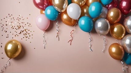 Colorful balloons against a neutral wall. Simple, festive design perfect for party, celebration, or background themes.