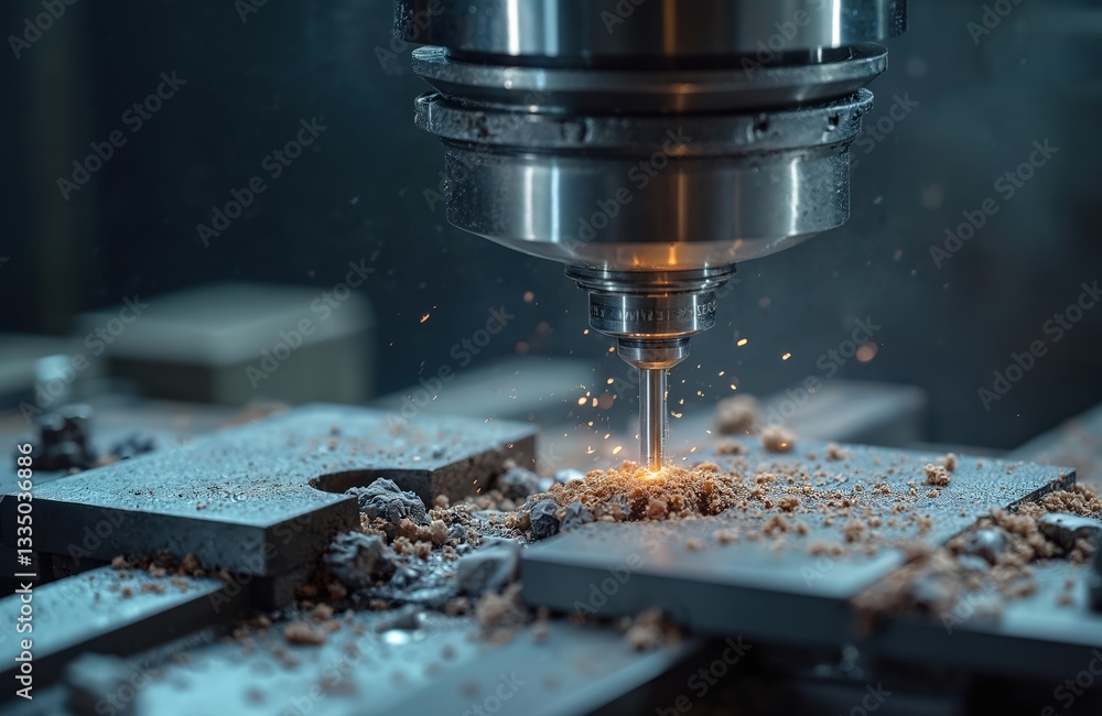 Poster close up of milling cnc machine working with metal detail at factory. automated metalworking three-d