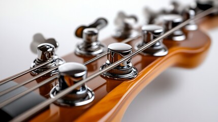 Fototapeta premium Close-Up of a Wooden Electric Bass Guitar Headstock Showing Tuning Keys