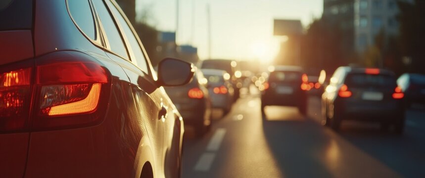 Evening traffic jam on urban highway at sunset.